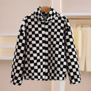 Wool Checkered Stand Collar Zip-up Fleece Short Jacket