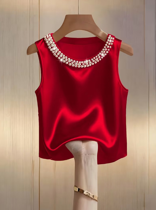 Womens Solid-Color Crew-Neck Beaded Tank Top T-Shirt - Image 7