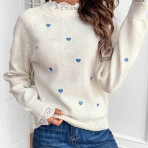 Womens Heart-Shaped Embroidered Patchwork Knit Base Layer Top