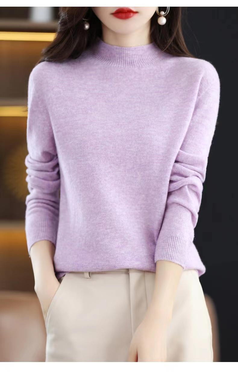 Half High Collar Pure Wool Women's Long Sleeved Knitted Base Sweater - Image 6