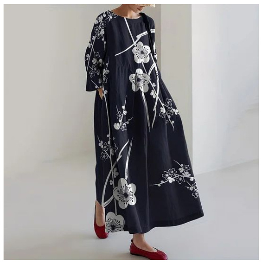 Womens Fashion Round-Neck Printed Long-Sleeve Dress - Image 5