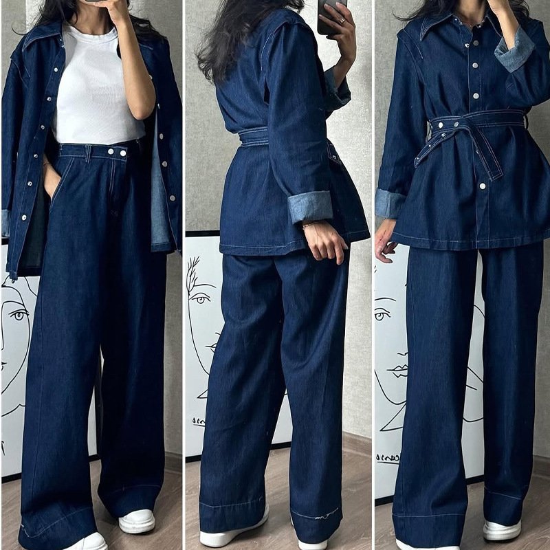 Womens Long-Sleeve Denim Jacket And Wide-Leg Jeans Two-Piece Set - Image 2