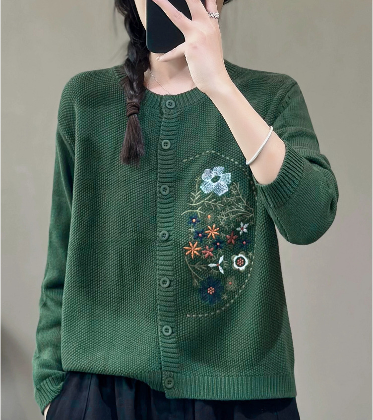 Chinese-style Corn-stitch Cotton Knit Cardigan Sweater For Women - Image 9