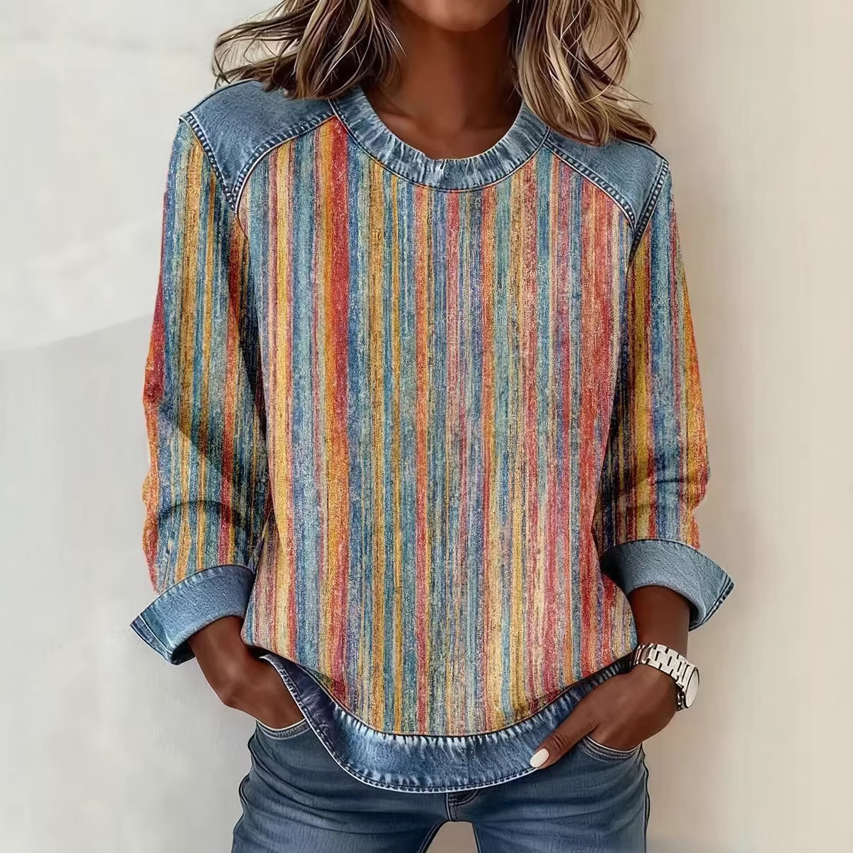 Womens 3D Digital-Print Crew-Neck Fashion Pullover Long-Sleeve Sweatshirt