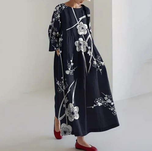 Womens Fashion Round-Neck Printed Long-Sleeve Dress - Image 3