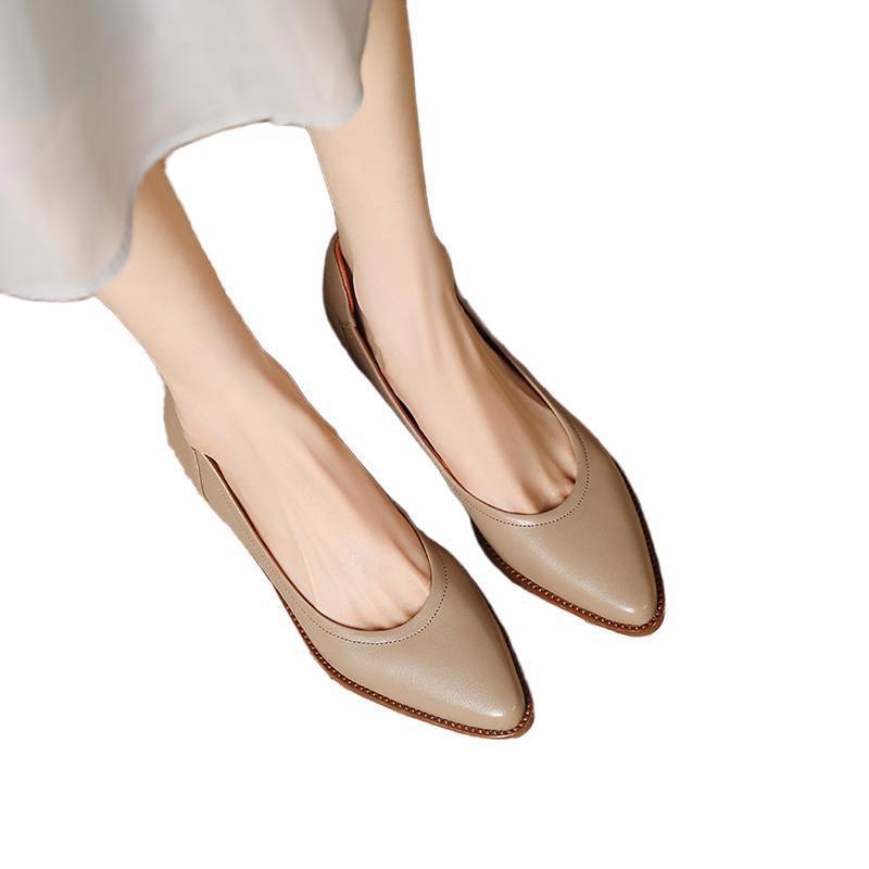 Womens French-style Pointed-toe Low-cut Mid-heel Leather Shoes - Image 6