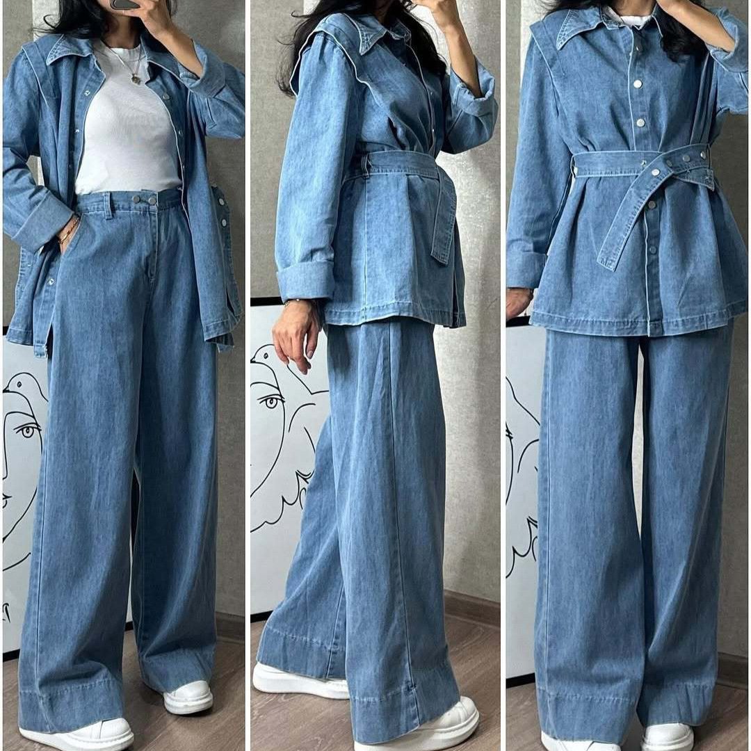 Womens Long-Sleeve Denim Jacket And Wide-Leg Jeans Two-Piece Set - Image 3