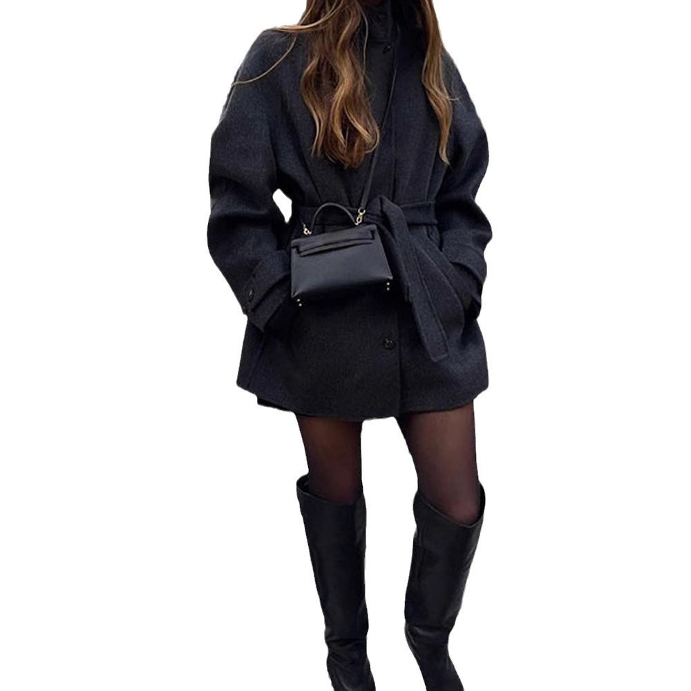Womens Wool Coat With Belt Mock Neck And Solid Color - Image 3