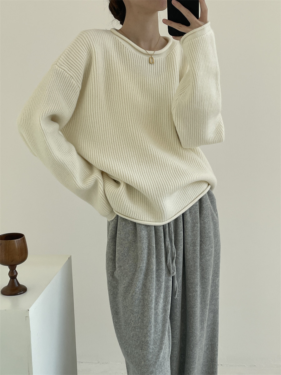 Solid-color Ribbed Irregular Knit Pullover Sweater - Image 3